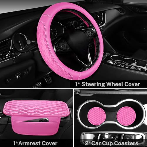 CAR PASS 3D Rhombus Pink Leather Steering Wheel Cover Car Accessories Set, Center Console Armrest Cushion with Storage Bags 2 Non-Slip Cup Coasters, 14.5-15in Cute Car Interior Sets, 4 PCS Hot Pink - color: Hot Pink