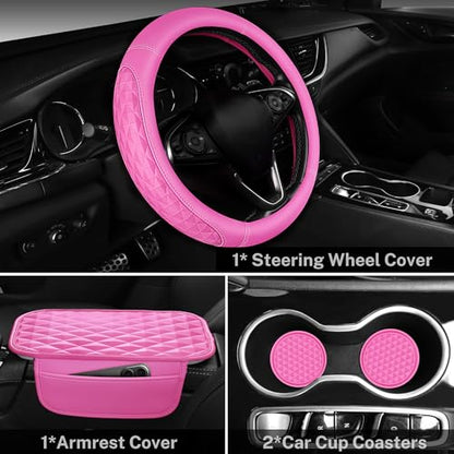CAR PASS 3D Rhombus Pink Leather Steering Wheel Cover Car Accessories Set, Center Console Armrest Cushion with Storage Bags 2 Non-Slip Cup Coasters, 14.5-15in Cute Car Interior Sets, 4 PCS Hot Pink - color: Hot Pink