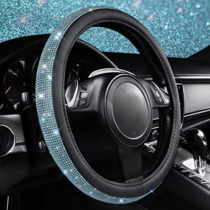 CAR PASS Mint Diamond Black Leather Steering Wheel Cover, Bling Blue Crystal Rhinestones Universal Fit 14"1/2-15" Crystal Glitter for Women Sparkle Girl Fit Suvs,Vans,Sedans,Cars,Trucks, Mint Diamond - color: Mint Diamond