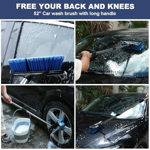 52" Car Wash Brush with Long Handle | Built-in Rubber Squeegee & Rubber Bumper | Lightweight extendable Handle | Soft Bristle Brush for Car, RV, Boat, Solar Panel, Deck Washing - color: Blue, size: 52 Inch