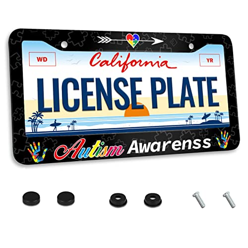 Autism Awareness License Plate Frame Color Puzzle Palms License Plate Frame for Car Decorative Parts Stainless Steel License Plate for Standard Us Canada License Plate Holder 12x6 Inch - color: Autism Awareness Color Puzzle Palms Pattern, size: One size