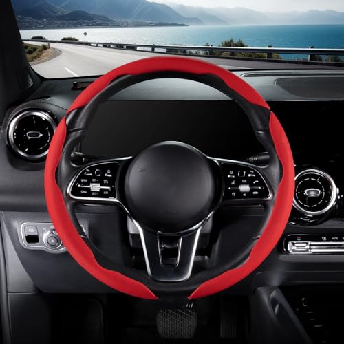 Nappa Leather Car Steering Wheel Cover for Men Women, Ultra-Thin Non-Slip Breathable Microfibre, Universal for 14.5"-15" Steering Wheel - Red - color: Red