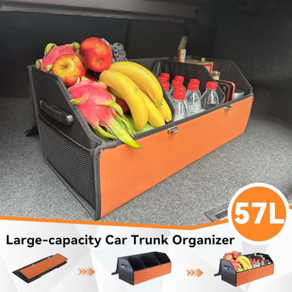 Noaman Leather Trunk Organizer for SUV - Large Car Trunk Storage Organizer with Lid and 2 Removable Dividers, Foldable Car Organizers and Storage Box for Sedan with 2 Metal Locking Clasps Black.
