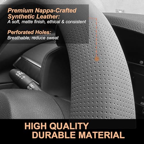 PINCTROT D Shaped Nappa Leather Steering Wheel Cover, Slim Fit No Bulk Design, One Piece Leather with Breathable Perforation, Fit Like Gloves, Flat Bottom 14.5-15 Inch(Nappa Dark Gray) - color: 05.Dark Gray, size: D Shaped/Flat Bottom[14 1/2''-15'']
