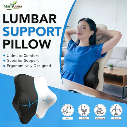 Lumbar Support Pillow for Office Chair & Car - Ergonomic Memory Foam Lower Back Cushion with Breathable Polyester Cover Adjustable Straps for Desk, Gaming, Wheelchair - Relieves Back Pain (Black)