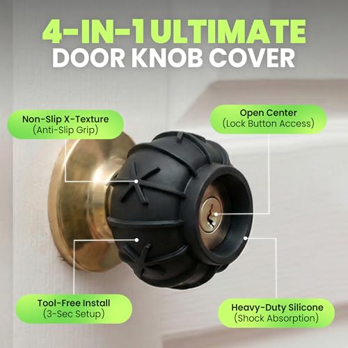 HASHI 3-in-1 Door Knob Covers (2 Pack) – Non-Slip Silicone Grip for Arthritis & Seniors, Wall Protector Bumper & Heat Resistant Handle Sleeve, Universal Size (Black)