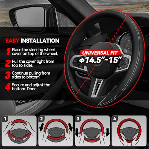 Auto Dynasty Steering Wheel Cover, Breathable Microfiber Leather Car Steering Wheel Protector with White Stitched, [14 1/2 to 15 Inches] Universal Fit Cars Trucks SUVs - color: Stitched White A