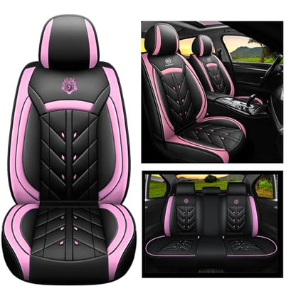 Car Seat Cover 5-Seats Full Set Universal fit, Suitable for Most Cars, SUV, Airbags Compatible with Synthetic Leather Car Seat Cushion Protectors(Black & Pink) - color: Black & Pink