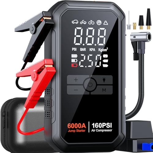 Portable 10-in-1 Car Battery Jump Starter with Air Compressor 6000A 160PSI Portable Car Jumper Starter (All Gas 12L Diesel), 12V Jump Box Car Battery Jump Starter Portable Jumper Cables, Lights - color: Black
