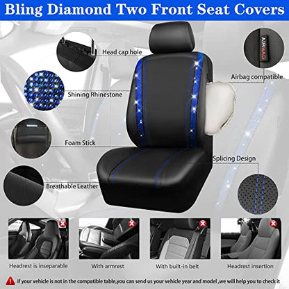 CAR PASS Bling Diamond Car Seat Covers Full Set, Shining Rhinestone Waterproof Faux Leather, Rear with Zipper, Universal Fit Automotive Glitter Crystal Sparkle Strips for Cute Women Girl, Blue - color: Blue Diamond, size: Full Set