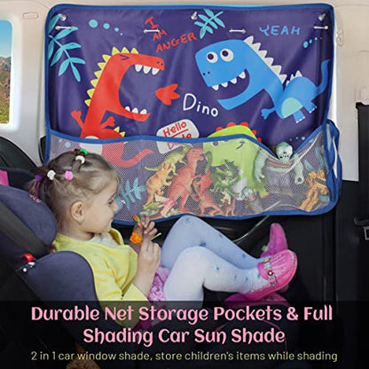 DIZA100 Car Window Shade for Baby, 2 Pack Car Sun Shades with Storage Net Pocket Auto Window Curtain 7 Suction Cups Blue Dinosaurs for Sun/Heat/UV Rays Protection Kids - color: Blue Dino-2pcs
