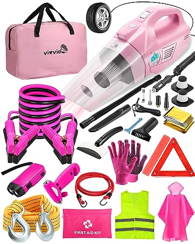 Roadside Emergency Car kit for Vehicles, with 4 in 1 Inflatable Car Vacuum Cleaner, Pink Jumper Cables, First Aid Kit, Tow Rope, Vehicle Road Trip Must Haves Pink Accessories for Women