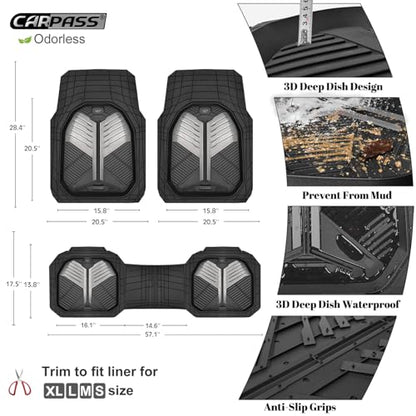 CAR PASS Heavy Duty Rubber Car Mats, Deep-Dish Car Floor Mats All Weather, Universal Two-Tone Trim-to-Fit for SUVs Trucks Sedans, Waterproof Anti-Slip, 3 Pieces V12 Black and Metallic Gray - color: Black and Gray