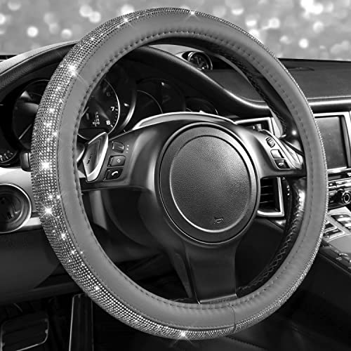 CAR PASS Bling Diamond Leather Steering Wheel Cover, with Bling Sparkly Crystal Glitter Rhinestones Universal Fit 14" 1/2-15" Car Wheel Protector for Women Girl Fit Suvs,Vans,Sedans,Cars,Trucks, Gray - color: Gray Diamond