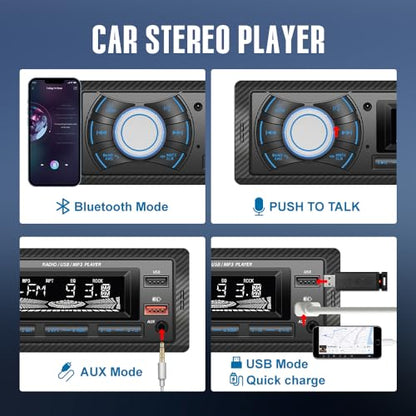 Kunfine Audio Systems Car Stereo - Single Din, Voice Control, Bluetooth, No CD DVD Player, FM Radio Receiver, Wireless Remote Control, MP3, 2 USB(2.1A Charger), Aux-in