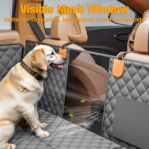 PETICON Back Seat Extender for Dogs, Hard Bottom Dog Car Seat Cover - Supports 400lbs, Rear Seat Pet Cover with Mesh Window, Waterproof Dog Hammock for Car SUV - color: gray