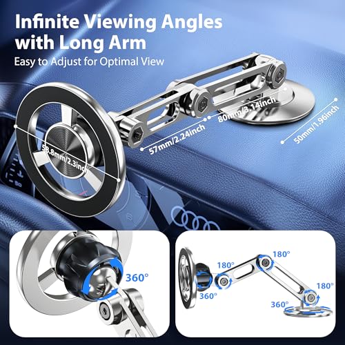 Ultra Magnetic Long-Arm Phone Holder Stand, Fits for MagSafe Car Mount Bracket【Windshield+Vent+Dash】, 360° Rotation Adjustable Strong Magnet Car Mount Desk Office Phone Cradle Holder, Silver - color: Silver