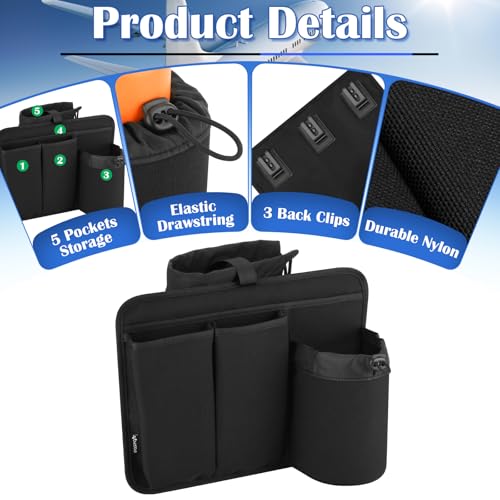 Airplane Seat Back Organizer, Flight Travel Organizer with 3 Metal Clips for Seat Back, Foldable Seatback Hanging Pocket with Storage Bag for Tablet, Passport, Phone, Water Bottle