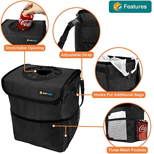 SUN CUBE Waterproof Car Trash Can with Lid, Mesh Pockets | Leakproof Car Garbage Can Hanging | Auto Trash Bin, Garbage Bag Organizer for Headrest, Console, Truck (Black) - color: Black