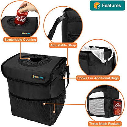 SUN CUBE Waterproof Car Trash Can with Lid, Mesh Pockets | Leakproof Car Garbage Can Hanging | Auto Trash Bin, Garbage Bag Organizer for Headrest, Console, Truck (Black) - color: Black