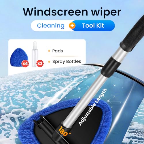 Longer Extendable Windshield Cleaning Tool,Car Window Cleaner Windshield Cleaner and Washable Microfiber Pads with 4 Reusable and 2 pcs Spray Bottles for Car and Home Window (Blue) - color: Blue