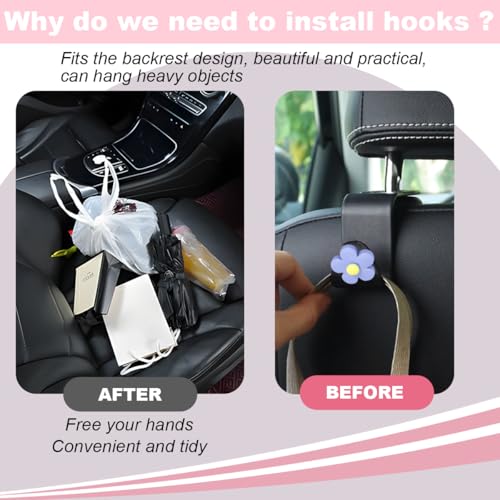 4 PCS Car Headrest Hook, Multifunctional Flower Vehicle Seat Back Storage Hook, Cute Automotive Seatback Organizer Hanger for Purse Grocery Bag Handbag, Universal Fit (Black/Blue) - color: Black/Blue