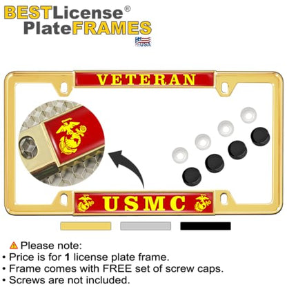 [Officially Licensed US Marine Corps Product] - Veteran USMC with EGA Emblem - Domed Custom-Made Personalized Thin Top 4-Hole Metal Car License Plate Frame with Free caps - Gold Frame (Qty: 1) - color: Gold - Style 2