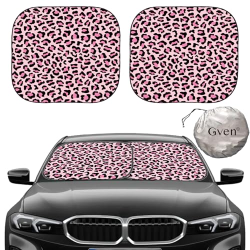 Gven Windshield Sun Shade 2pcs with Bonus Pink Car Sunshade for Front Window Shades 2025 Technology Reflect UV and Heat Sun Visor Automotive Accessories Interior Sun Protection (Pink Leopard, M) - color: Pink Leopard, size: Medium