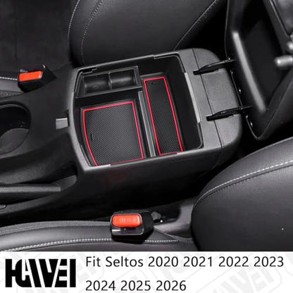 HGWEI Center Console Tray Organizer Compatible with Kia Seltos 2020 2021 2022 2023 2024 2025 2026 Accessories, Middle Armrest Insert Container ABS Secondary Storage Box, Red - color: red
