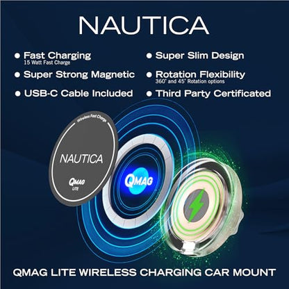 Nautica Turan QMAG Lite Wireless Magnetic Car Charger 15W, Universal Fast Charging Phone Mount, Dashboard & Vent Mount, 360° Rotation for iPhone 17, Galaxy S25, Pixel 10 & More Travel Accessories