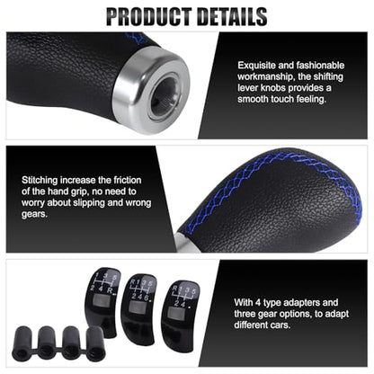 Universal 5/6 Speed Leather Car Racing Gear Shift Shifter knob,Artificial Leather and ABS Black Stitching Shift Knob with 4 Adapters,Replaceable 3 Gear Position Pastors(Black+Blue Line) - color: 5/6 Speed Leather(Black+Blue Line)