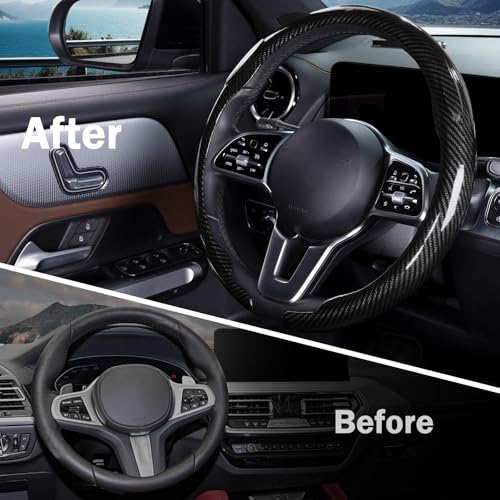Car Steering Wheel Cover Carbon Fiber Snap On Steering Wheel Accessories Wrap 14.5-15 inch Universal Grip Anti-Skid Protector, Glossy Black - color: A Glossy Black