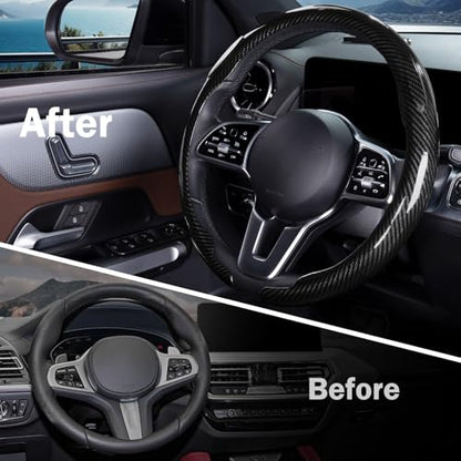 Car Steering Wheel Cover Carbon Fiber Snap On Steering Wheel Accessories Wrap 14.5-15 inch Universal Grip Anti-Skid Protector, Glossy Black - color: A Glossy Black