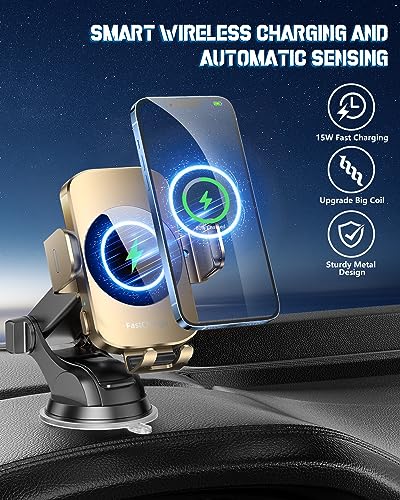 Wireless Car Charger, Fast Charging Phone Holder 3 in 1 Phone Mount Auto Clamping Car Accessories Compatible with iPhone 17 16 15 14 13 12 11 Xs XR, Samsung S23 Ultra S22 S21 S20(Amber Yellow) - color: Amber Yellow