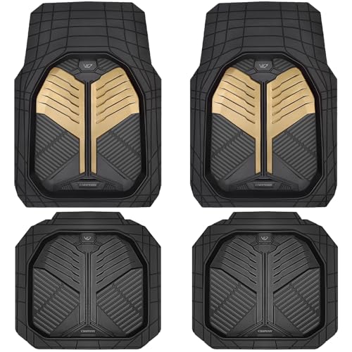 CAR PASS Heavy Duty Rubber Car Mats, Deep Dish Car Floor Mats All Weather, Car Mats Full Set 4-Piece Trim to Fit for Sedans SUVs Trucks, Waterproof Anti-Slip Automotive Mats, V12 Black Champagne Gold - color: Black and Champagne Gold