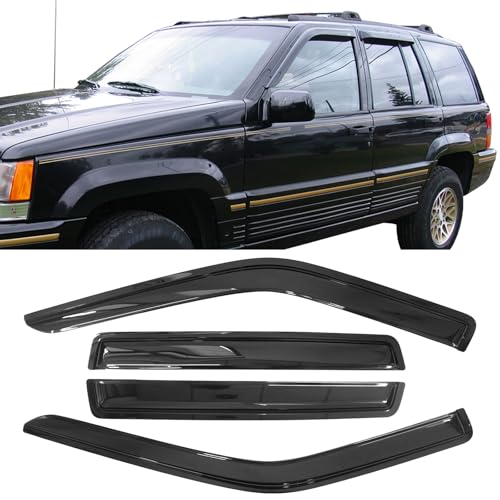 Window Visor Compatible with 1993-1998 Jeep Grand Cherokee, Slim Style Acrylic Smoke Tinted & Semi-Transparent Sun Rain Shade Guard Wind Vent Air Deflector by IKON MOTORSPORTS, 1994 1995 1996 1997
