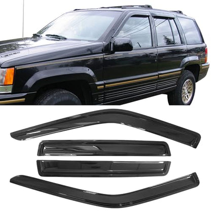 Window Visor Compatible with 1993-1998 Jeep Grand Cherokee, Slim Style Acrylic Smoke Tinted & Semi-Transparent Sun Rain Shade Guard Wind Vent Air Deflector by IKON MOTORSPORTS, 1994 1995 1996 1997
