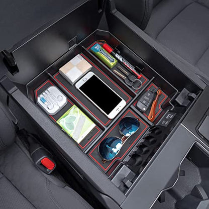 JDMCAR Center Console Organizer Compatible with 2022 2023 2024 2025 2026 Toyota Tundra Accessories and 2023-2026 toyota sequoia Armrest Secondary Storage Box ABS Material with Non-Slip Mats (Red Trim) - color: red