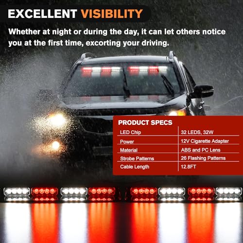 Nilight 32LED Red White Emergency Dash Strobe Lights with Controller Suction Cups Warning Hazard Interior Front/Rear Windshield Deck Split Light Bar for Truck Construction Vehicles - color: Red and White