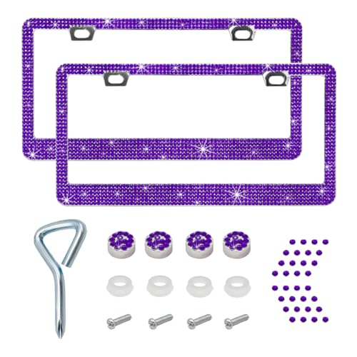 Ziciner Bling License Plate Frame, Sparkly License Plate Tag Cover with Multifaceted Rhinestones, Stainless Steel Crystal License Plate Holder, Universal Exterior Car Accessories (Purple, 2PCS) - color: Purple, 2PCS