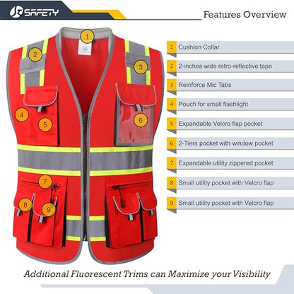 JKSafety 10 Pockets Hi-Vis Zipper Front Fluorescent Red Safety Vest | Cushioned Collar | High Reflective Tapes with Extended Neon Yellow Strips | Meets ANSI/ISEA Standards (Medium, 89-Red) - color: Redt1s1, size: Medium