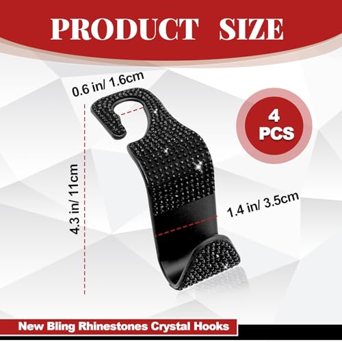 4PCS Car Hooks, Car Seat Headrest Hooks with Sparkling Rhinestone, Universal for Purse, Handbag, Grocery Bags and Coat Vehicle Accessories (Black) - color: Black