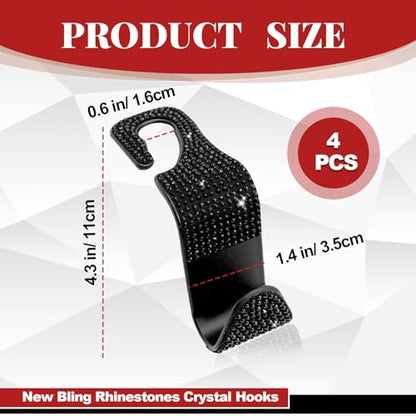 4PCS Car Hooks, Car Seat Headrest Hooks with Sparkling Rhinestone, Universal for Purse, Handbag, Grocery Bags and Coat Vehicle Accessories (Black) - color: Black