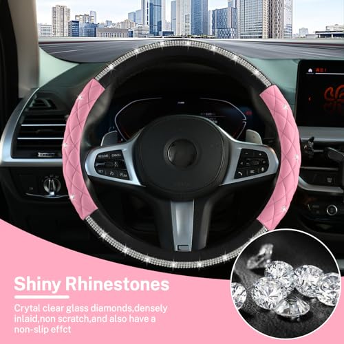 Steering Wheel Cover，with Diamond Crystal Rhinestone,Delicate and Anti-Slip Bling Steering Wheel Cover ，Adaptable to 14.5-15 inches Car Wheel Protector for Women Girl ，Black & Pink - color: Black+Pink
