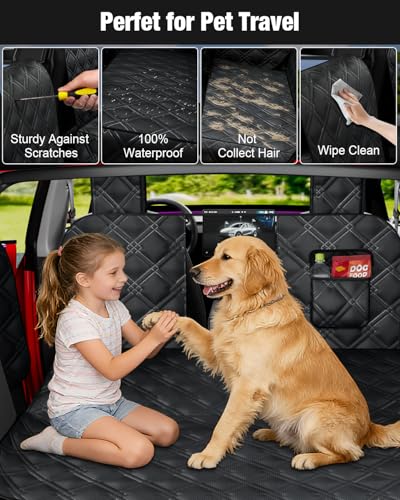 Dog Car Seat Cover for Back Seat Compatible with Tesla Model Y — Hard Bottom Pet Travel Hammock with Seat Extender, Waterproof Backseat Dog Cover with Door & Headrest Protectors - size: Tesla Dog Car Seat - Hard Bottom