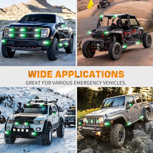 XRIDONSEN 8PCS Sync Grill Emergency Lights 32 LED Green White Firefighter Lights Grille Surface Mount Strobe Flashing Warning Safety Hazard First Responder Light for Vehicles POV Fire Fighter Trucks - color: Green/White