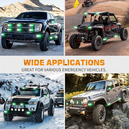 XRIDONSEN 8PCS Sync Grill Emergency Lights 32 LED Green White Firefighter Lights Grille Surface Mount Strobe Flashing Warning Safety Hazard First Responder Light for Vehicles POV Fire Fighter Trucks - color: Green/White