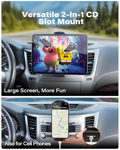 APPS2Car for Sturdy iPad Holder for Car CD Slot Tablet Mount, 2-in-1 Universal 4.7-13" Holder for iPad Pro 12.9" 13" Air Mini, iPhone, Galaxy Z Fold, Adjustable 360° Rotation, Road Trip Essentials - style: 2nd Generation