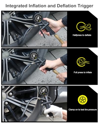 Atsafepro Tire Pressure Gauge with Inflator - 0-220PSI ANSI B40.1 Accurate, 2.5" Easy Read Glow Dial & Rubber Hose, Air Compressor Attachments for Tire Pressure Check - size: Mechanical Pressure Gauge With Inflator