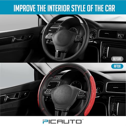 PIC AUTO Steering Wheel Cover, Red Thick Rhombic Foam and Premium Leather, Universal 14.5-15.5 Inch Breathable Anti-Slip Steering Wheels Accessories for Men & Women - color: Red